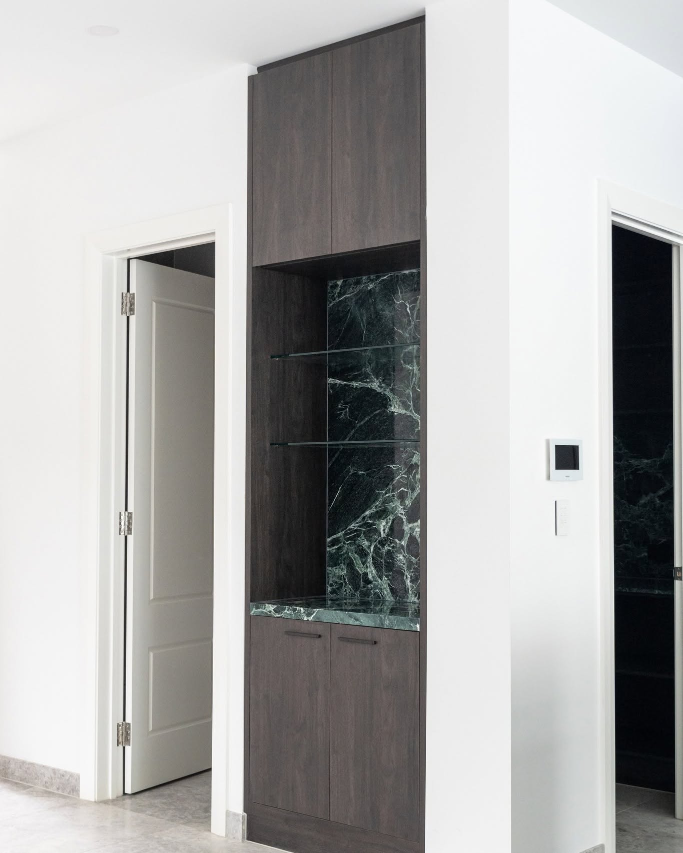 Smoked oak bathroom vanity with stone benchtop and vessel sink