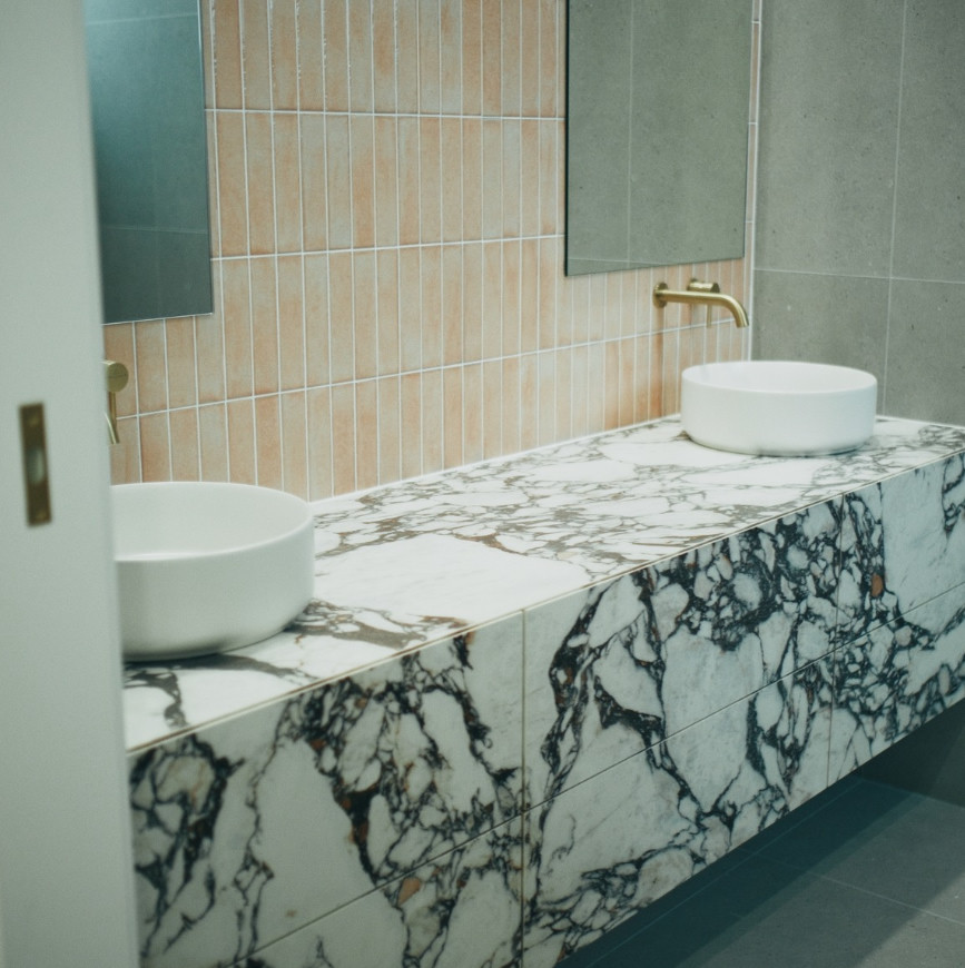 Custom marble bathroom vanity with double sinks — SP Joinery SA