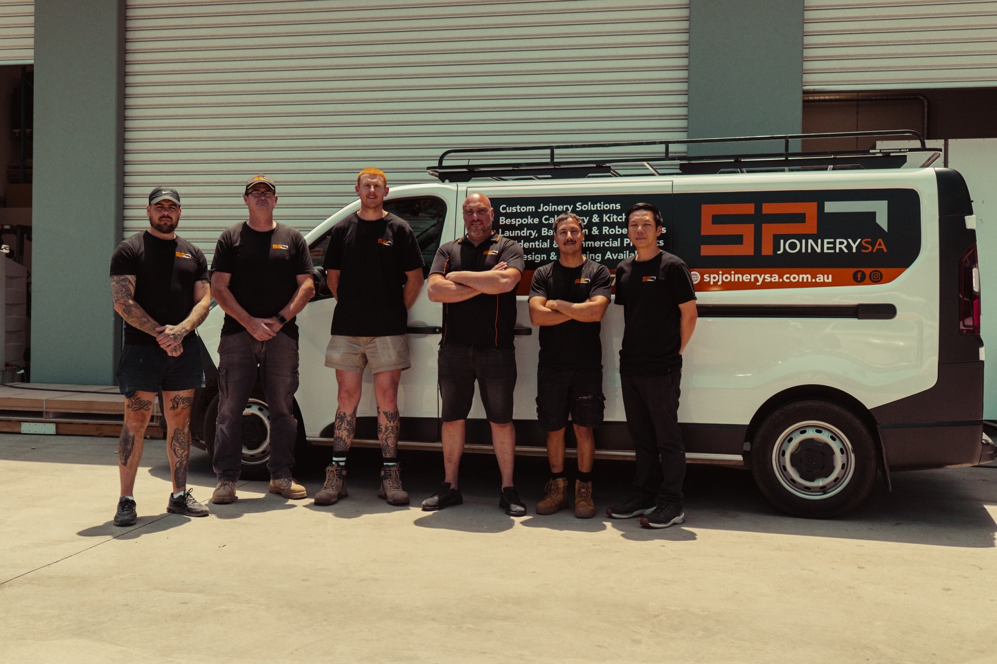 The SP Joinery SA team standing in front of their branded van — Ferryden Park, SA